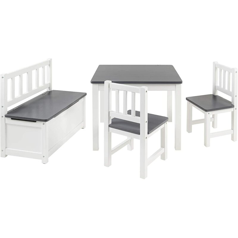Tisch mit 2 Stühlen Truhenbank Kindermöbel Kindersitzgruppe Spielecke Holz weiß 
