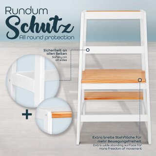 KIDUKU Lernturm Montessori Weiß/Natur – Learning Tower aus Holz – Küchenhelfer für Kinder – Kinder Tritthocker – Küchenlernturm bis 30 kg