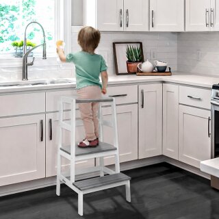 KIDUKU Lernturm Montessori Weiß/Grau – Learning Tower aus Holz – Küchenhelfer für Kinder – Kinder Tritthocker – Küchenlernturm bis 30 kg