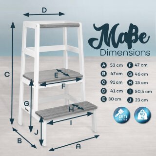 KIDUKU Lernturm Montessori Weiß/Grau – Learning Tower aus Holz – Küchenhelfer für Kinder – Kinder Tritthocker – Küchenlernturm bis 30 kg