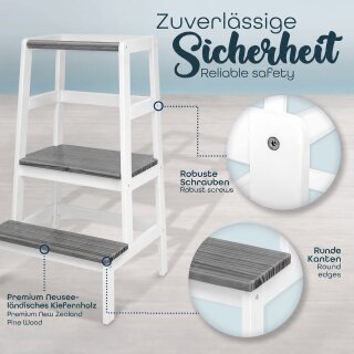 KIDUKU Lernturm Montessori Weiß/Grau – Learning Tower aus Holz – Küchenhelfer für Kinder – Kinder Tritthocker – Küchenlernturm bis 30 kg