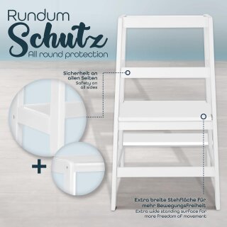 KIDUKU Lernturm Montessori Weiß – Learning Tower aus Holz – Küchenhelfer für Kinder – Kinder Tritthocker – Küchenlernturm bis 30 kg