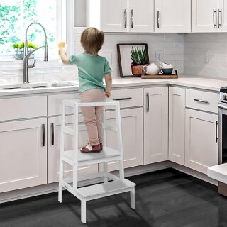 KIDUKU Lernturm Montessori Weiß – Learning Tower aus Holz – Küchenhelfer für Kinder – Kinder Tritthocker – Küchenlernturm bis 30 kg