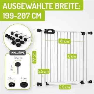 Kinderschutzgitter Merle 199-207 cm | Ohne Stolpergefahr | Extra Flach mit XXL Tür