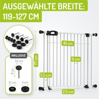 Kinderschutzgitter Merle 119-127 cm | Ohne Stolpergefahr | Extra Flach mit XXL Tür